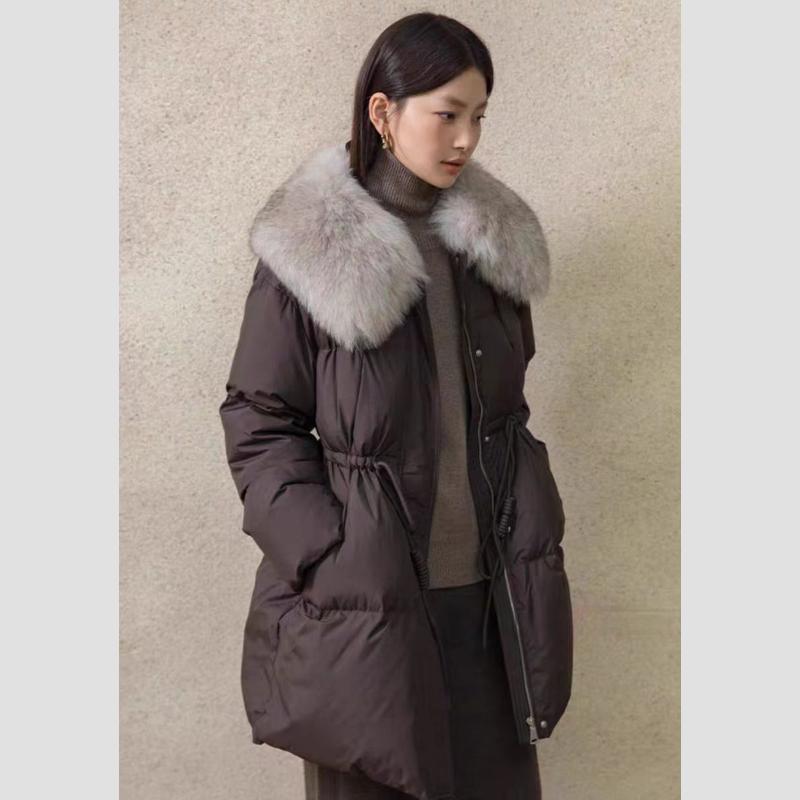 Winter Ladies Fox Fur Collar Waist Mid-length White Duck Down Jacket