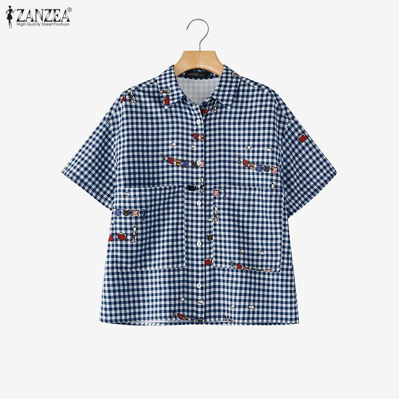 ZANZEA Women Casual Turn Down Collar Loose Short Sleeve Plaid Print Blouse