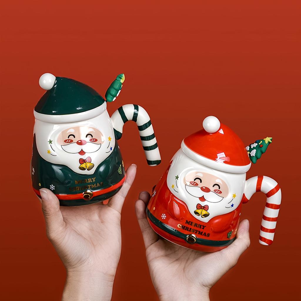 KEPEAK Christmas Santa Claus Ceramic Mugs with Lids and Spoons Animal Print Portable BPA-Free Festive Coffee Cups Set for Gifts