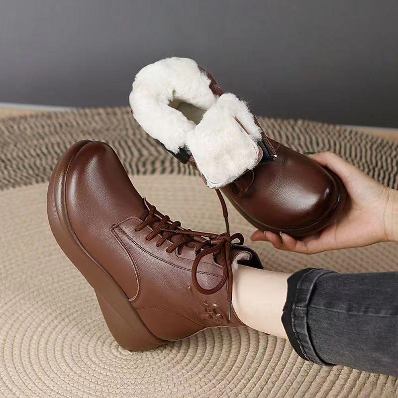 Soft leather boots women's thick-soled muffin shoes slope heel round head autumn and winter new real soft leather velvet thickened warm fashion boots