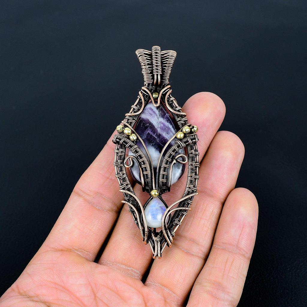 Salvia ametist & Månsten Hänge, Ädelsten 999 Koppartråd Lindat Smycke Hänge, Handgjort Smycke Födelsesten Hänge, Gåva Till Honom