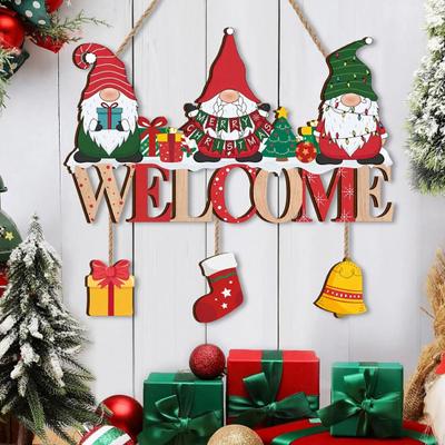 Rustic Holiday Entrance Ornament Christmas Gnome Wooden Welcome Hanging Sign, Cartoon Elf Decor with Gift Bell Winter Door Hanger Charms, Farmhouse