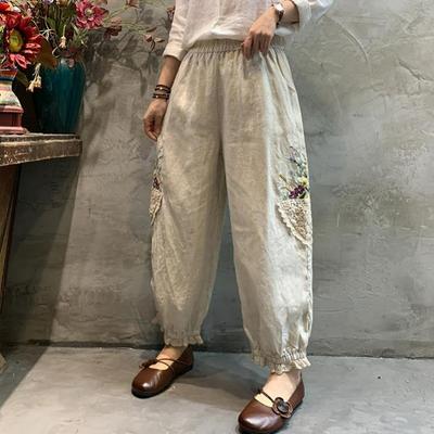 Summer Cotton and Linen Women's Retro Embroidery and Lace Design Pants Women's Japanese Drawstring Lantern Nine-point Pants