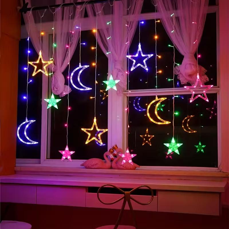 Star Moon Curtain String Lights, USB Powered LED Fairy Lights, Warm & Colorful Lighting, Christmas Ramadan Bedroom Holiday Party Decor