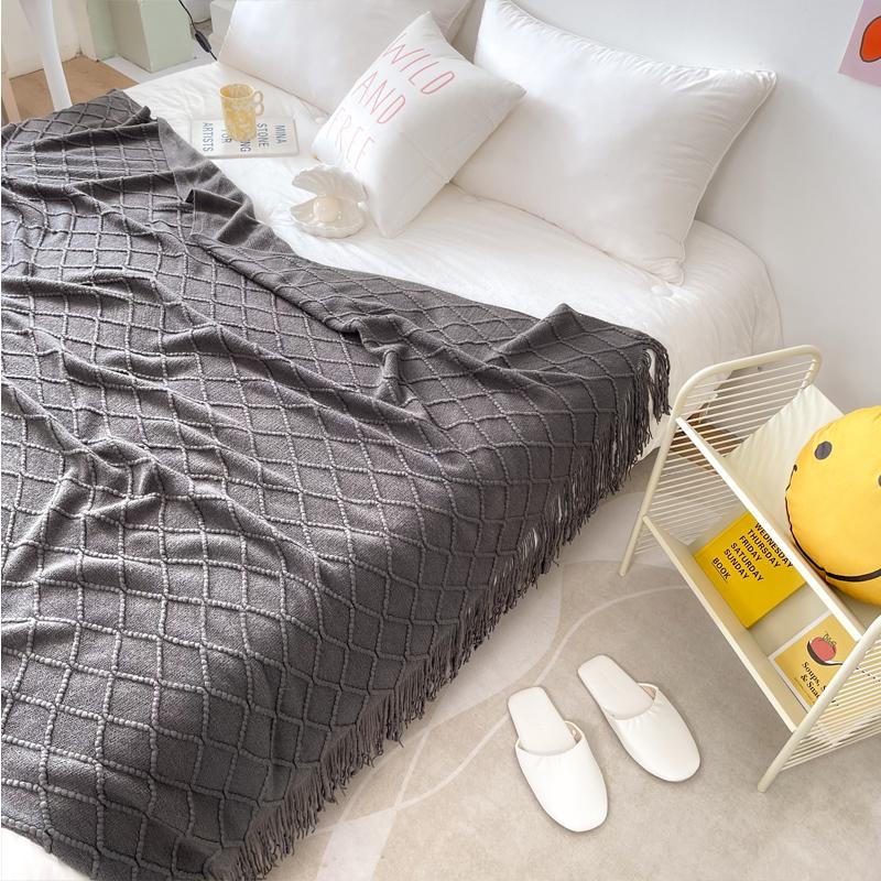 Tassel Blanket 100% Acrylic Bedside Towel Solid Color Plaid Knitted Blanket Nap/Travel Shawl Home Sofa Towel manta