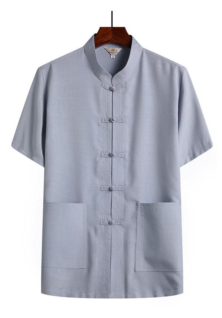 Men’s Summer Cotton Linen Tang Suit Top - Short Sleeve, Frog Button, Loose Fit, Casual Style for Middle-Aged & Elderly