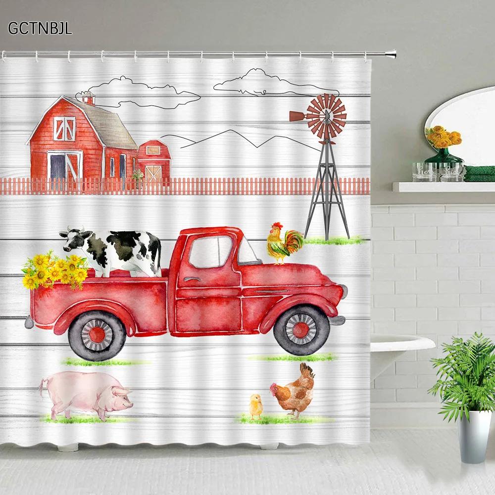 Fall Shower Curtain Maple Truck Pumpkin Sunflower Flowers Autumn Landscape Thanksgiving Decor Bathroom Curtain Fabric Washable
