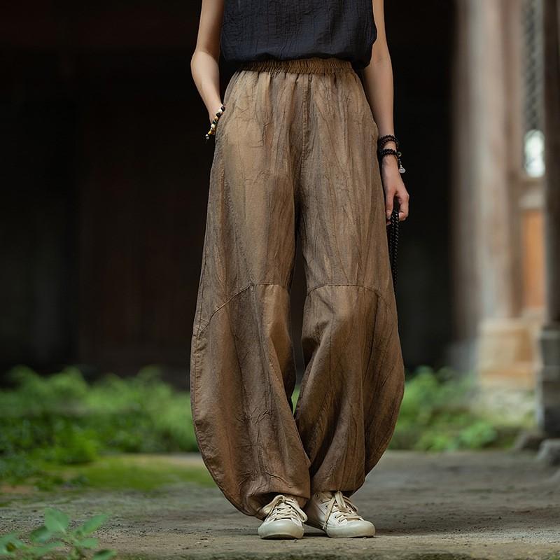 

Johnature Женские винтажные шаровары, однотонные брюки в стиле пэчворк, летние свободные длинные брюки с эластичной резинкой на талии One Size коричневый