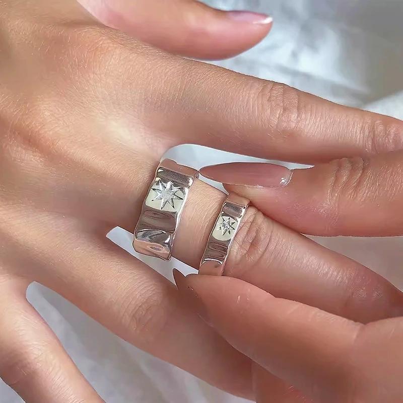 925 Silver Star Open Ring Y2K Couple Zircon Jewelry Wide Retro Finger Rings for Women Men Lovers Gift