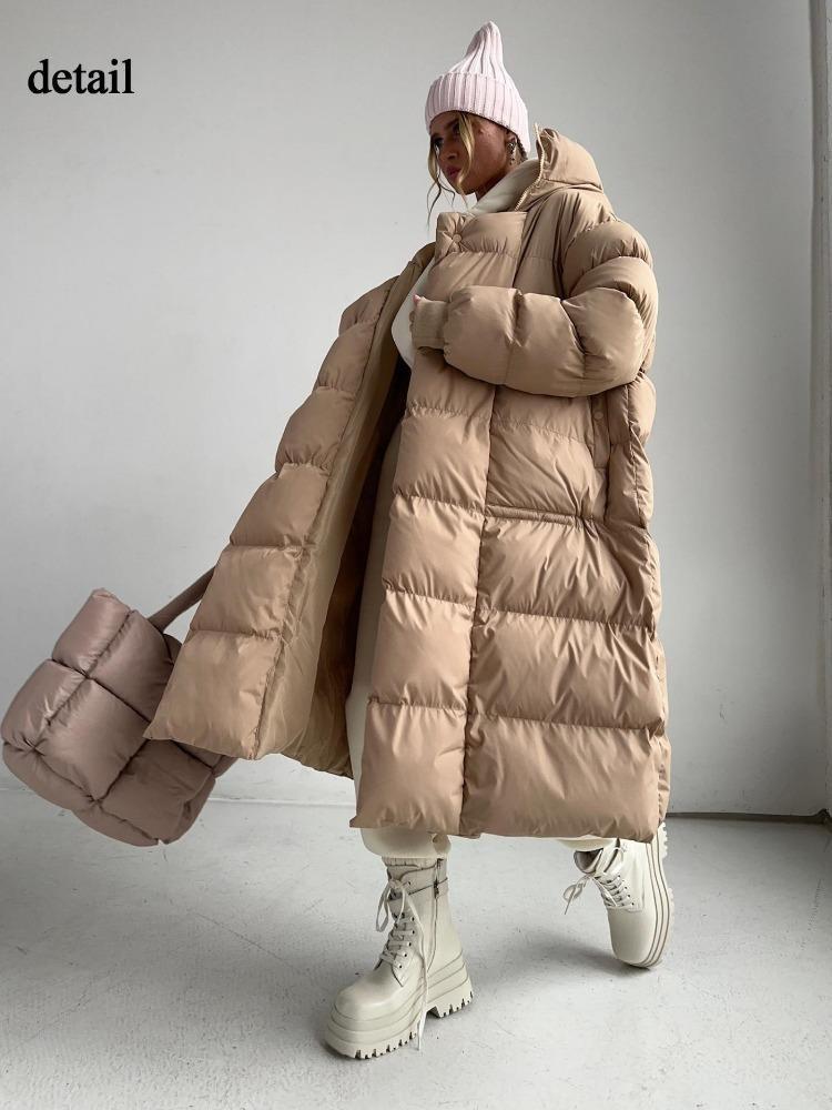 Winter Warmer Damen Oversize Langer Daunenmantel Maxijacke mit Abnehmbarer Kapuze Durchgehender Reißverschluss Gepolstert Langarm