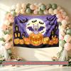 Happy Halloween Home Pumpkins Bats Photo Background, Purple Polyester Banner for Party Supplies