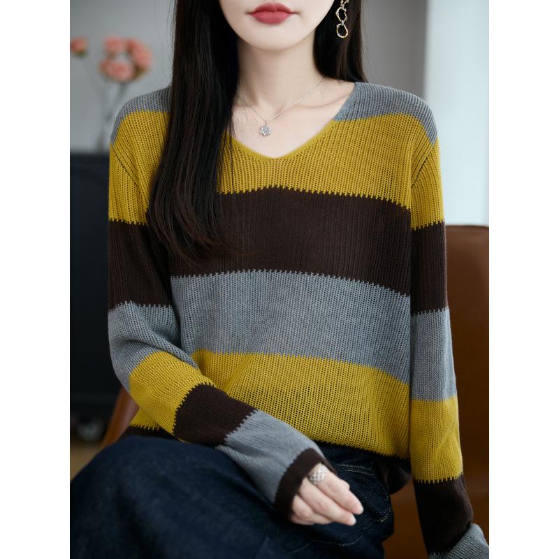 Korean Color Block V-Neck Knit Sweater - Women's Casual Striped Loose Fit for Early Autumn