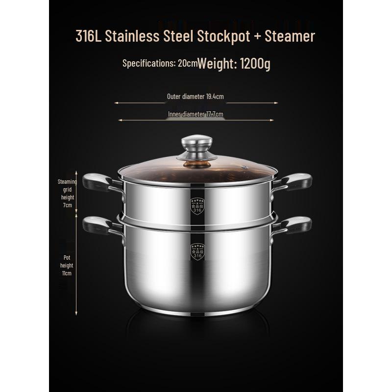 2025 Three-Layer 316 Stainless Steel Steamer & Soup Pot for Induction & Gas Stoves