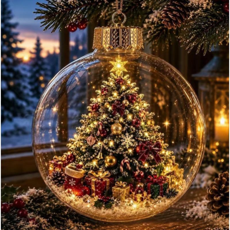 Pallina di Natale in Materiale Acrilico D9 con Design Trasparente e Pendente di Babbo Natale con Luce, Dimensione 8CM, Decorazione Natalizia da Appendere