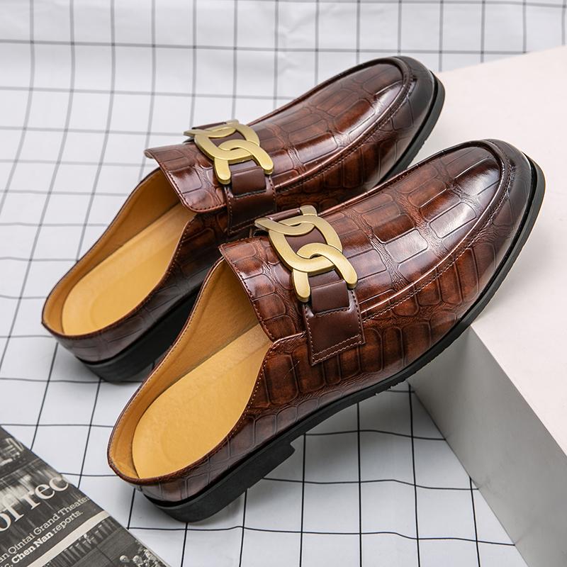Fashion 2024 Italian Mens Slippers Leather Muller Shoes Men Loafers Outdoor Non-slip Black Casual Half Slipper Men Fashion Footwear Man