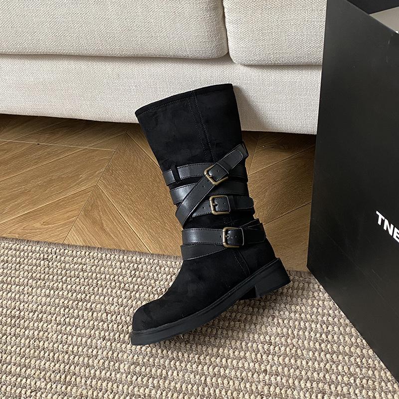 Retro niche belt buckle thick heel Martin boots 2025 new autumn and winter round head versatile sleeve locomotive boots women