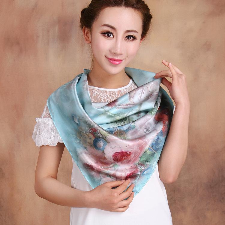 Hot Design 110*110cm 100% Silk Big Square Silk Scarves Fashion Floral Printed Shawl Sale Women Genuine Natural Silk Scarf Shawl