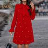 Women Dress Lace-up Bow Faux Pearl A-line Puff Sleeves Pure Color Above Knee Length Mini Dress Prom Party Dating Short Dress