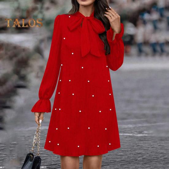 Women Dress Lace-up Bow Faux Pearl A-line Puff Sleeves Pure Color Above Knee Length Mini Dress Prom Party Dating Short Dress