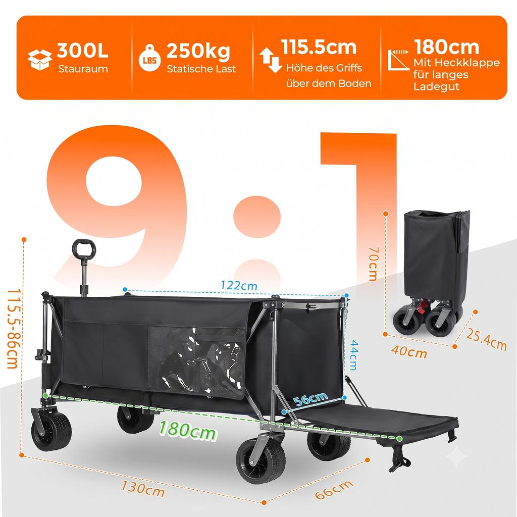 300L+120L Foldable Wagon & Tailgate, 180cm with Extra Wide 17x10 cm All-Terrain Wheels, Ideal for Garden, Shopping, Beach, and Outdoor Use (Black)