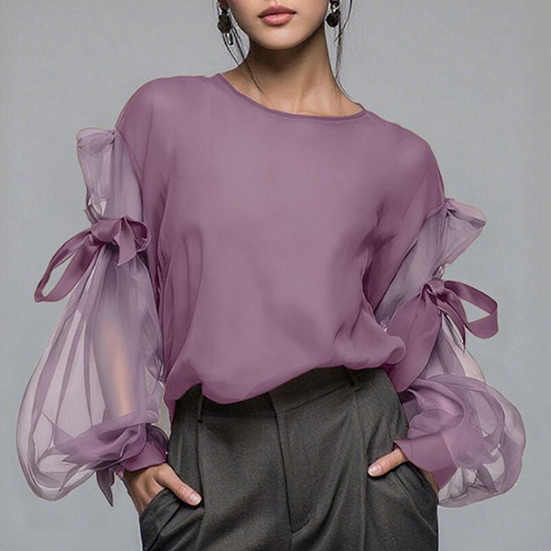 ZANZEA Women Casual Round Neck Mesh Splice Long Sleeve Blouse