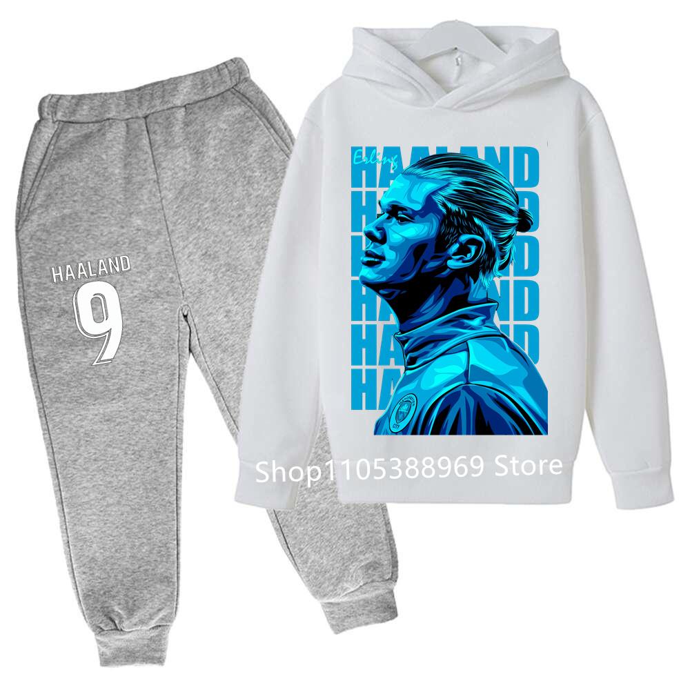 Boys Haaland Cartoon Football Tracksuit 2 Piece Hoodie and Jogger Pants Set Kids Graphic Print Sport Outfit