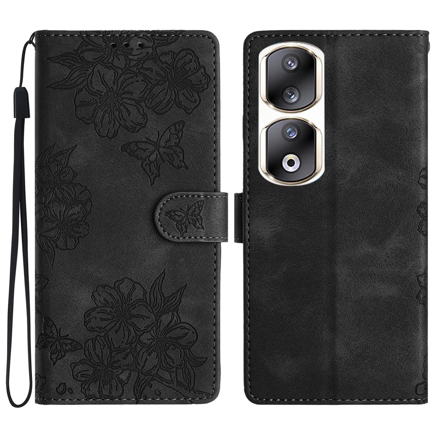 

For Honor 90 Pro Case Butterfly Flower PU Leather Skin-Touch Phone Cover Black