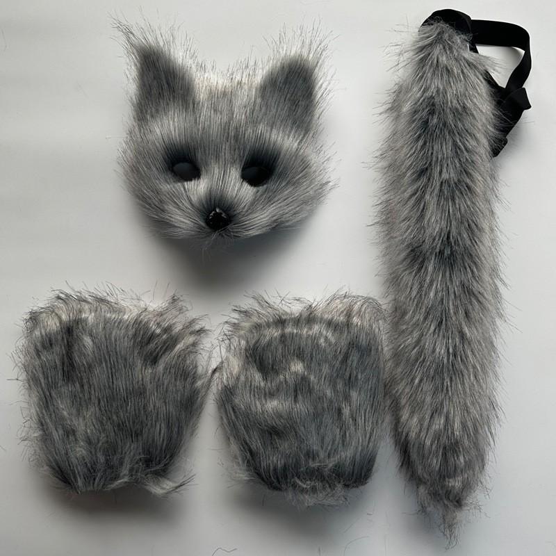 Halloween Costume Set Fox Mask Gloves Plush Tail Handmade Animal Cosplay Accessory Party