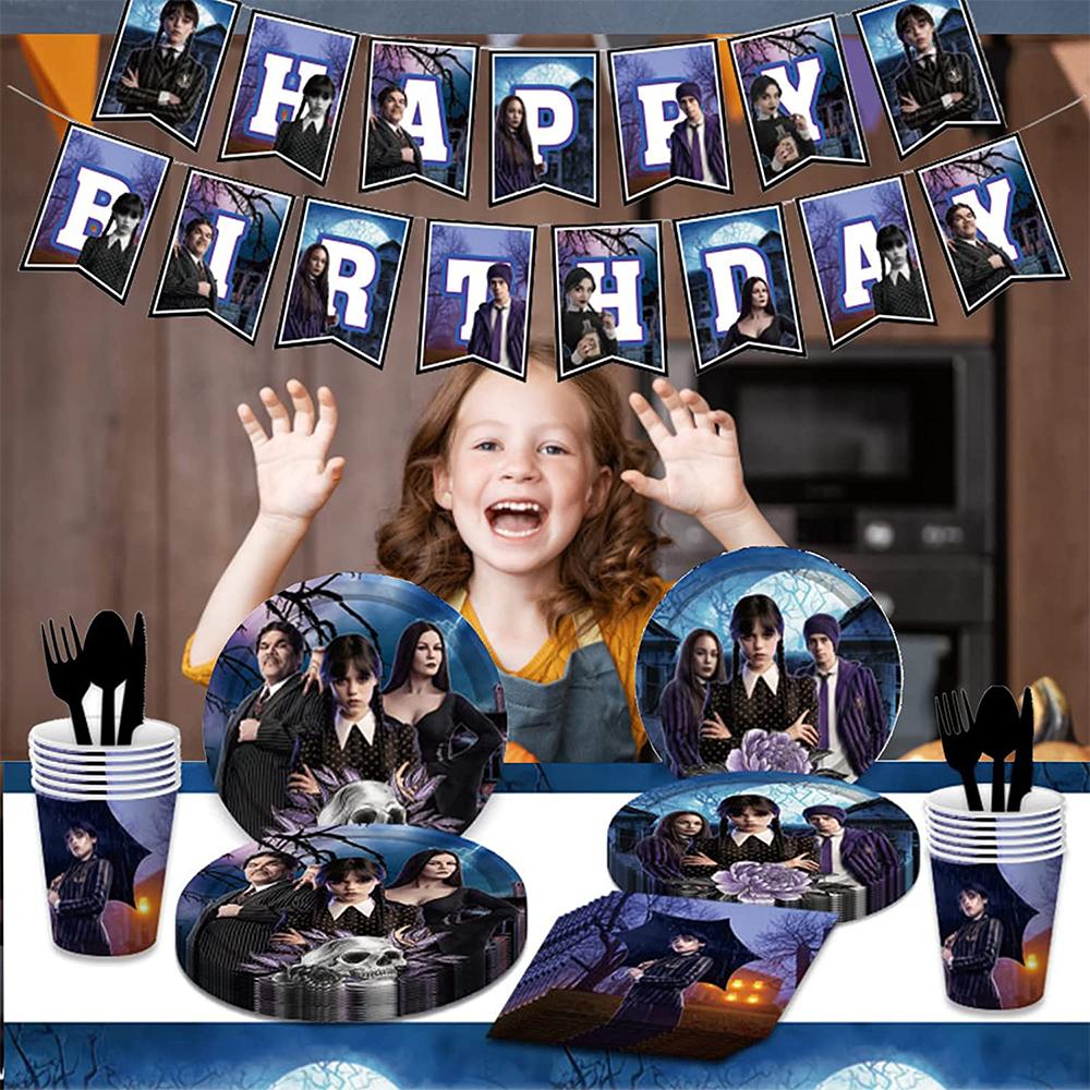 82 Pcs Wednesday Addams Party Decor Theme Party Tableware Set for Children