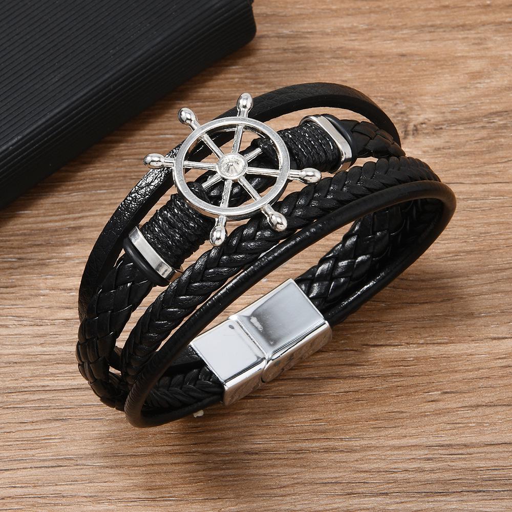 

Мужской многослойный кожаный браслет из цинкового сплава в ретро-стиле с корабельным штурвалом чёрный
