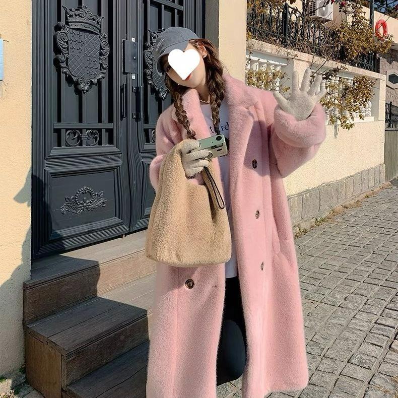 Cappotto Lungo con Collo a Revers Autunno e Inverno Pelliccia Sintetica di Coniglio Ispessito Caldo Temperamento Cappotto di Pelliccia
