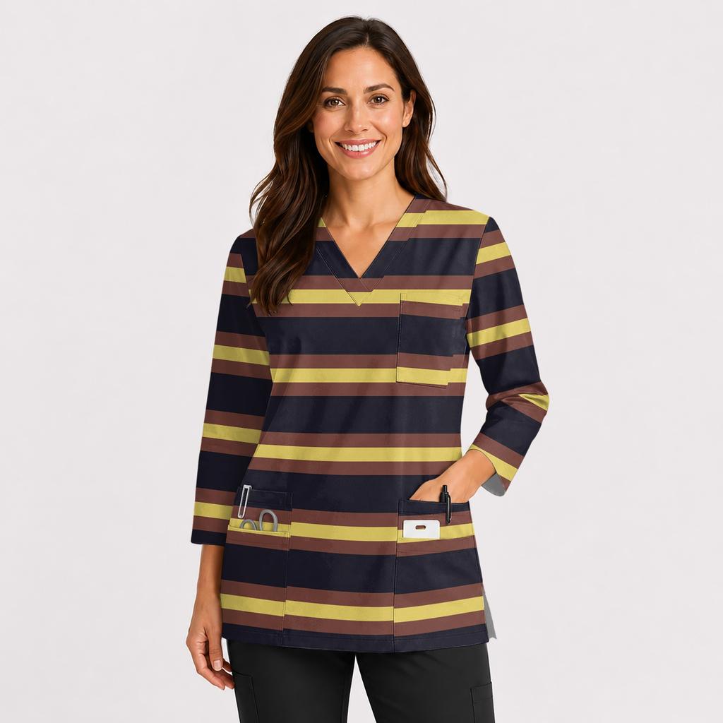 Women's Printed Uniform V Neck Top with Double Pockets and Side Slits 3/4 Sleeve