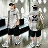 Boys' Korean Style Color Block Striped T-shirt & Casual Shorts Set - Summer New Arrivals for Medium & Large Kids