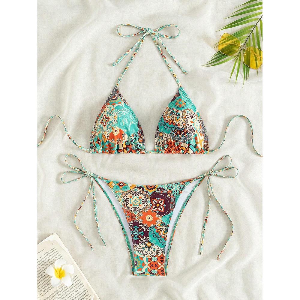 Swimsuit 2026 Female Micro Bikini Women Swimwear Summer Beachwear Women s Bathing Suit Floral Print Neck Halter Thong Bikini Set S