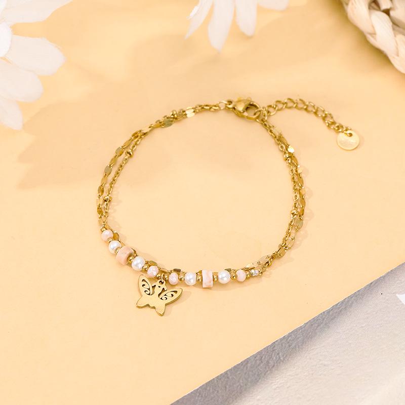 Stainless Steel Butterfly Bracelet: Double-Layer, Light Luxury Design with Natural Stone for Versatile Fashion