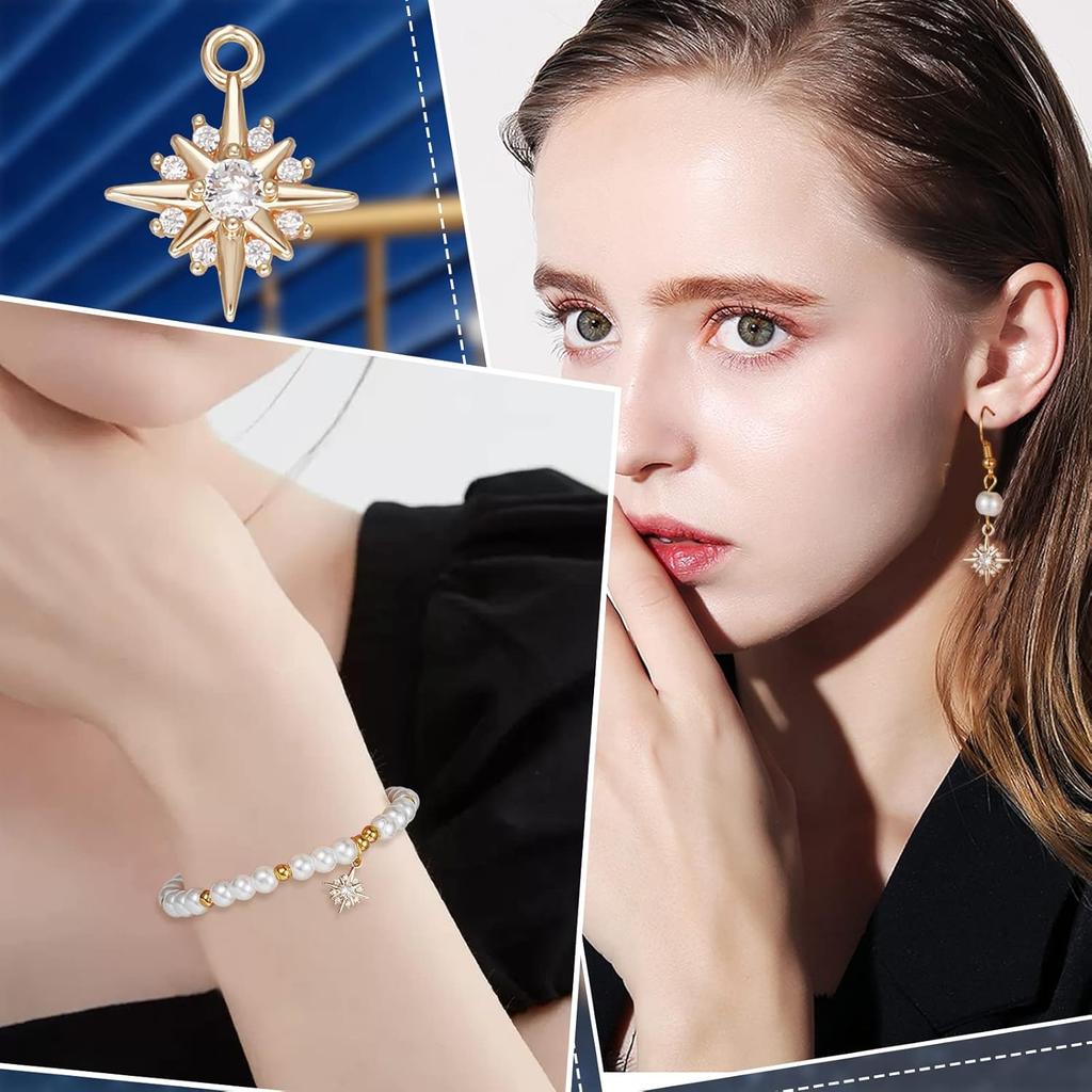 Beebeecraft 14Pcs Star Charms 14K Gold Plated Cubic Zirconia North Star Pendant Charms for DIY Necklace Earrings Wedding Anniversary Summer Party