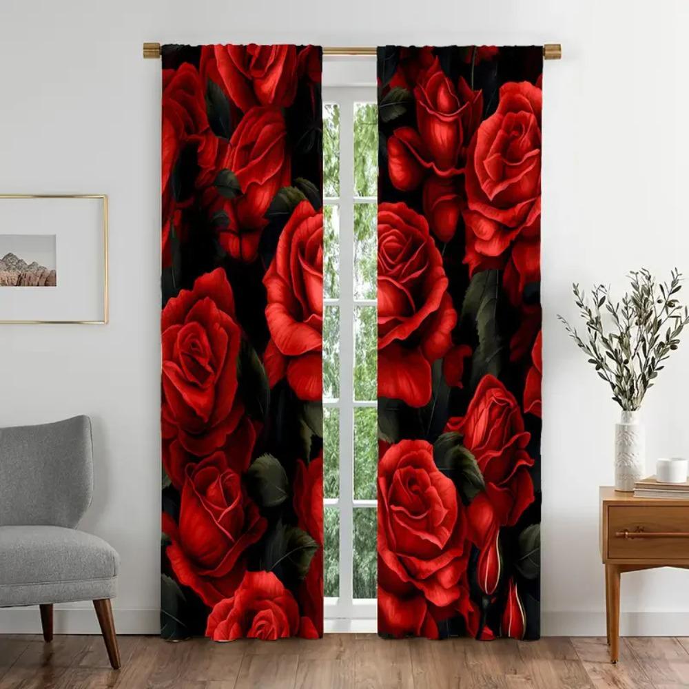 2PCS- Elegant Red Rose Floral Printed Curtains, Pole Bag Curtains, Bedroom and Living Room, Home Decoration, Room Decoration