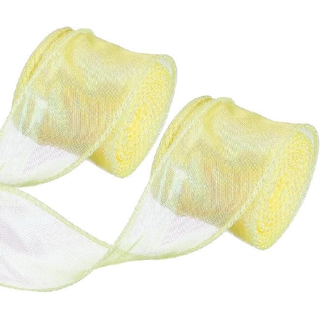 PATIKIL Iridescent Organza Ribbon 1.6 Inch x 10 Yard, 2 Roll Laser Sheer Organza Wired Ribbon Shimmer Fishtail Fabric Ribbons for Gift Flowers жёлтый