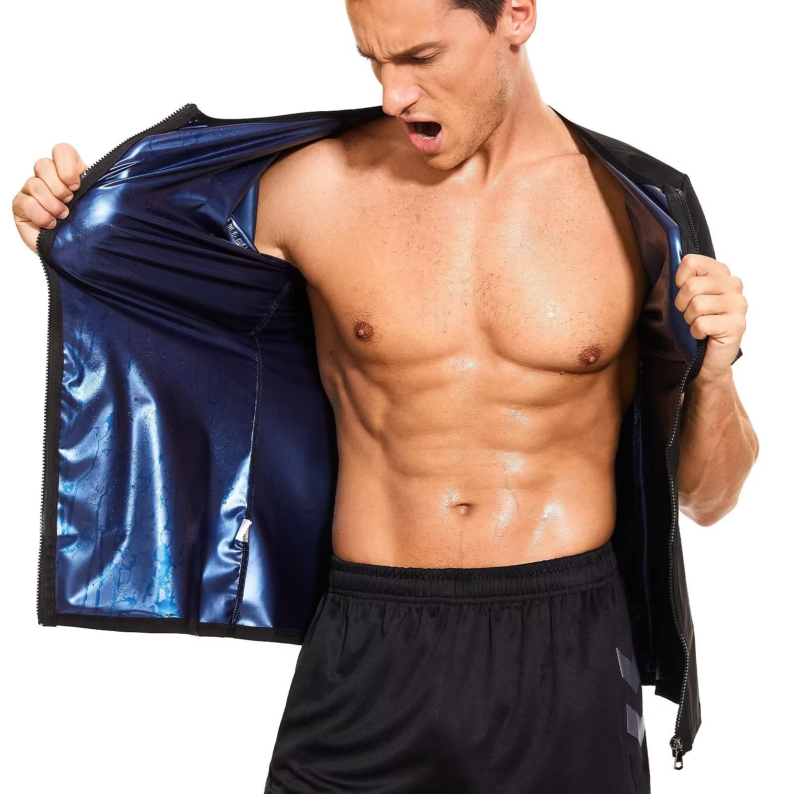 

Мужской костюм для сауны с улавливанием тепла, пуловер, тренировочная рубашка, толстовка для сауны, бодибилдинг, майки, корректирующее белье, толстовка для похудения, формирователь тела 4XL/5XL чёрный/синий