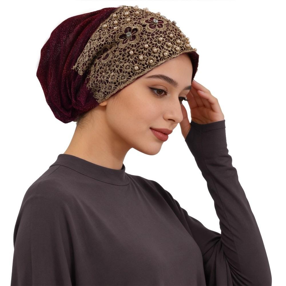 Lace Trim Women's Lace Turban Cap Embroidery Bonnet Head Wraps Islamic Turban Hat Women