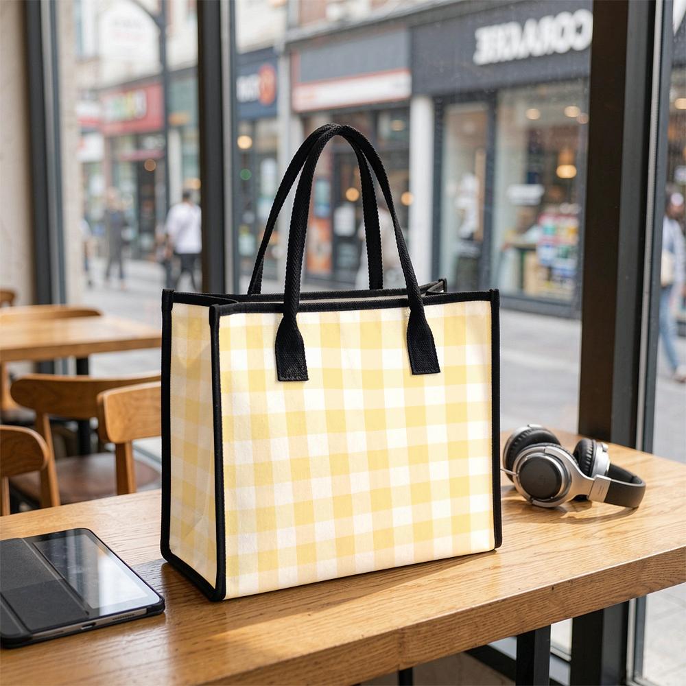 Yellow Gingham Canvas Tote Bag Large Casual Daily Carry Handbag Fashion