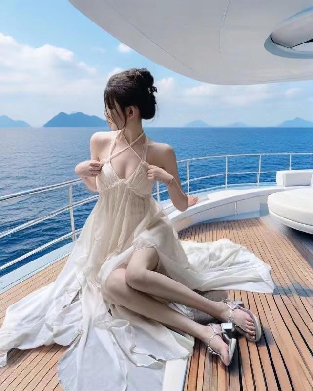 Heavy Industry Neck Sling Dress Women's Summer Long Dress Photo Backless Seaside Vacation Beach Dress