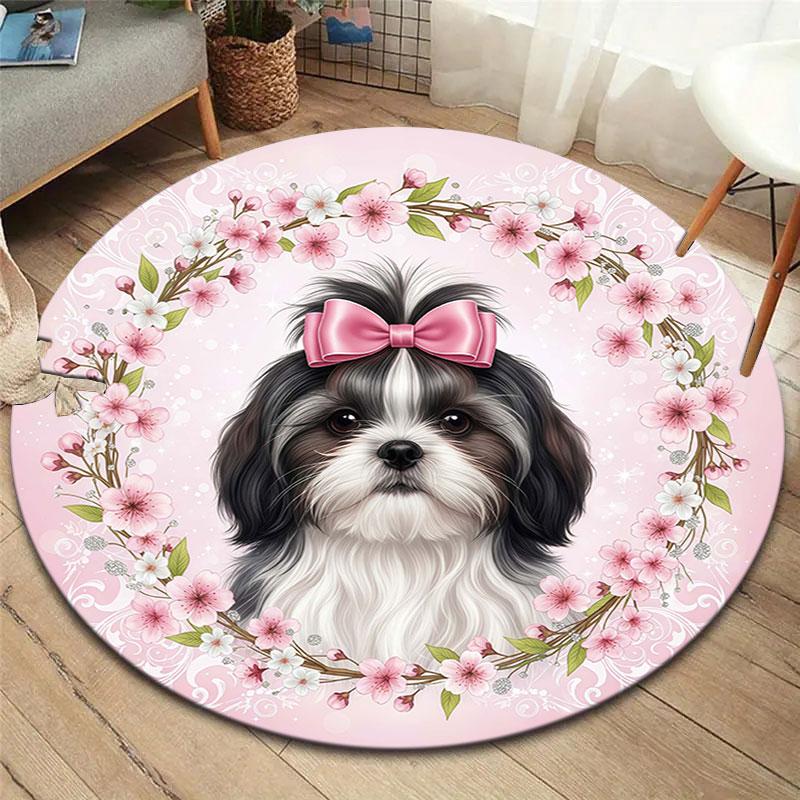 Bow tie puppy Round Area Rug,Carpet Rug for Living Room Bedroom Sofa Playroom Decor,Non slip Floor Mat