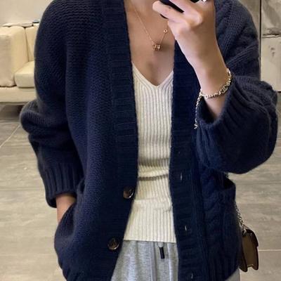 Loose and Lazy Wind Autumn and Winter Outerwear Sweater Women's V-neck Pocket Fashion Retro Twist Knitted Cardigan Jacket