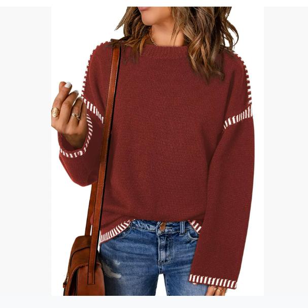 Autumn and Winter Women's Sweater Solid Color Round Neck Loose Long-sleeved Contrast Color Twisted Knitted Pullover Sweater Top