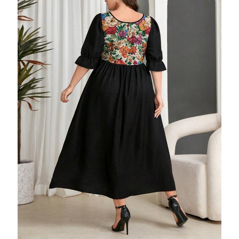 Plus Size Vintage French Style 7 10 Sleeve A Line Print Spliced Dress For Women Autumn Winter