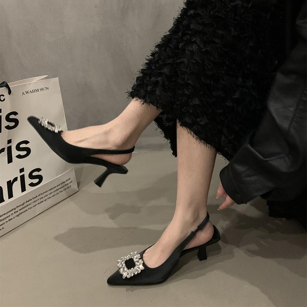 Temperament Rhinestone Pointed High Heels French Stiletto Bag Head Sandals with Skirt Evening Shoes 2025 Spring Sandals Women's Shoes