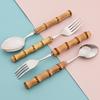 Wood Bamboo Root Handle Cutlery Stainless Steel Dinnerware Kitchenware Food Serving Spoon Salad Fork Spoon Tea Spoon Tableware