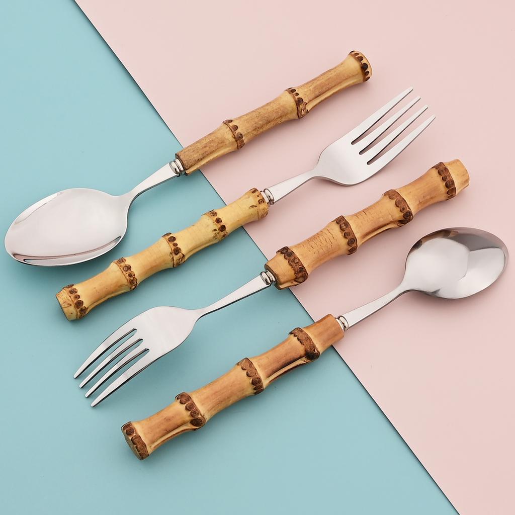 Wood Bamboo Root Handle Cutlery Stainless Steel Dinnerware Kitchenware Food Serving Spoon Salad Fork Spoon Tea Spoon Tableware