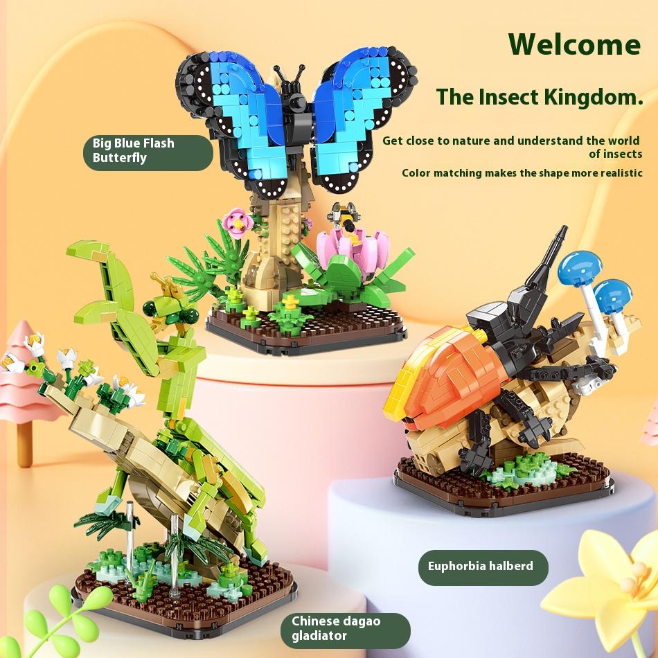 Micro Building Blocks Insect Butterfly Mantis Beetle Unicorn Fairy Model Collection Creative Assembly Toys Student Festival Gift